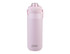 A drink bottle featuring a pink exterior, a quick release lid, and a logo on the front.
