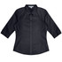 A black button-up shirt with 3/4 sleeves featuring a collar and a logo.