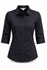 A button-up shirt with 3/4 sleeves in a solid dark navy colour. It features a collar and a logo.