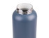 A drink bottle in matte blue, featuring a stainless steel rim and a wide mouth opening. It has a simple logo on the side.