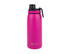 A drink bottle in vibrant pink with a vacuum-sealed design and a screw cap, featuring a logo.