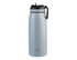 A drink bottle in light blue with a black spout and handle, featuring a logo.