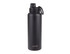 A drink bottle in matte black featuring a screw cap and a loop for easy carrying, with a logo on the side.