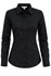 A long sleeve black button-up shirt with a fitted design and a collar. Features a logo on the brand label.
