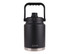 A drink bottle in black with a stainless steel base and a sturdy carry handle on top. It features a branding logo.
