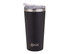 A drink bottle featuring a sleek black design with a stainless steel rim and a clear lid, includes a logo.