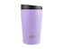 A drink bottle in a light purple colour with a black lid and a logo on the side.