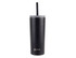 A drink bottle featuring a sleek black design, with a straw and a branding logo at the base.
