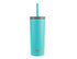 A drink bottle featuring a turquoise exterior, grey lid, and a straw, with an accompanying logo.