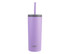A drink bottle in lavender with a grey lid and straw, featuring a branding logo.