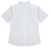 A white short-sleeve button-up shirt with a collar and a logo on the back.
