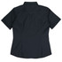 A short-sleeve black button-up shirt featuring a back yoke and a logo.