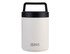 A vacuum food flask in off-white and black with a handle, featuring a logo on its front.