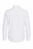 A long sleeve white button-up shirt with a collar and a back view. It features a logo on the fabric.