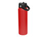 A drink bottle in vibrant red with a black spout and handle, featuring a sleek design and a logo.