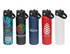 A drink bottle collection featuring designs in blue, black, red, white, and a colourful pattern, each with a spout and handle.