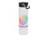 A drink bottle with a white body, black lid, and a multicoloured fingerprint design. It features a logo.