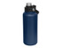 A drink bottle in navy blue with a stainless steel screw cap and a black handle, featuring a logo.