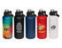 A drink bottle collection featuring various colours: blue, black, red, white, and a multi-coloured pattern, each with a screw cap.
