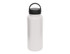A drink bottle in matte white with a black lid and handle, featuring a logo. Ideal for carrying liquids.