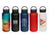 A drink bottle collection featuring various colours: blue, black, red, and white, with different logos and designs.