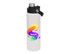 A drink bottle in white with a black screw cap and a colourful logo design.