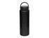 A drink bottle in matte black with a lid and a carry handle, featuring a logo on the body.