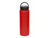A drink bottle in vibrant red with a black lid and a handle for easy carrying. It features a logo.
