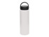 A drink bottle in a sleek white finish with a black lid and handle; features a logo on the surface.