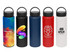A drink bottle collection featuring multiple colours: blue, red, black, and white, with various designs and logos.