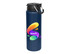 A drink bottle in navy blue with a colourful logo and a black lid featuring a handle.