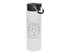 A drink bottle in white with a black lid and handle, featuring a grey logo design.
