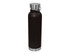 A drink bottle in black with a stainless steel base and lid, featuring a carry handle.
