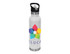 A drink bottle featuring a stainless steel design, white body, and a colourful flower logo with a black spout.