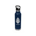 A drink bottle in navy blue with a stainless steel bottom and an attached black spout lid. It features a logo.