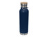 A drink bottle in navy blue with a stainless steel base and a bamboo lid. Features a metal handle and branding.