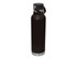 A drink bottle in black with a stainless steel base and carry lid. It features a sturdy handle and a logo.