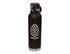 A drink bottle in black with a stainless steel base, featuring an embossed design and carrying lid.