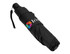 A compact black umbrella featuring a logo, designed for leisure and outdoor use.