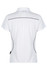 A white polo shirt featuring a fitted design with black piping and a logo at the hem.