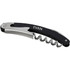 A black and silver waitress knife with a corkscrew and a folding design, featuring a logo.