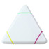 A triangular highlighter in white with green, yellow, and pink accents. Features a logo on one side.