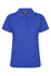 A blue polo shirt featuring a collar and buttons, with a branding logo on the inside label.