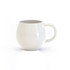 A white mug with a unique rounded design and a sturdy handle, featuring a smooth surface and no visible branding.
