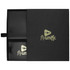 A black travel gift set featuring a sleek case with compartments, including luggage tags. It has a logo.
