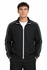 A black men's jacket with white stripes, featuring a zip front and a casual fit, with a logo present.