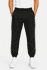 Black men's pants featuring white side stripes, with an elastic waistband and cuffed ankles. Suitable for casual wear.