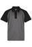 A grey and black polo shirt with a collar and button placket, featuring a logo on the chest area.
