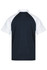 A navy and white polo shirt with a raglan sleeve design and a logo on the back.