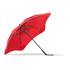 A red umbrella with a black frame, featuring a logo on the handle.